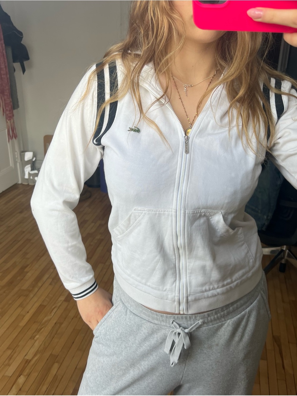 Lacoste White Zip-Up Bomber Jacket with Blue Shoulder Stripes